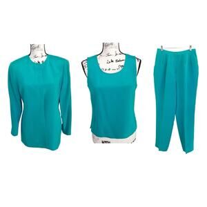 Vintage 1980s 100% Silk Aqua Blue Three Piece Pant Suit Set Quiet Luxury Minimal